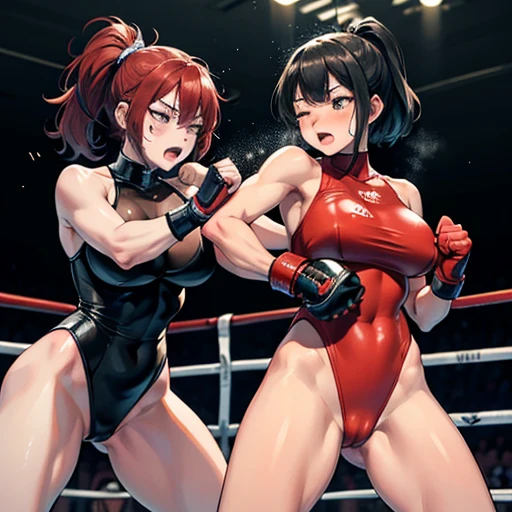 Very intense battle。Two injured Japanese female heavyweight boxers fighting vigorously in the ring。Dynamic punch exchange。Sweating a lot。One eye closed, out of breath。Drooling。Boxing gloves。High leg leotard。Erect nippleuscular。Six Pack Abs。Very thick arms and thighs。Super big breasts。