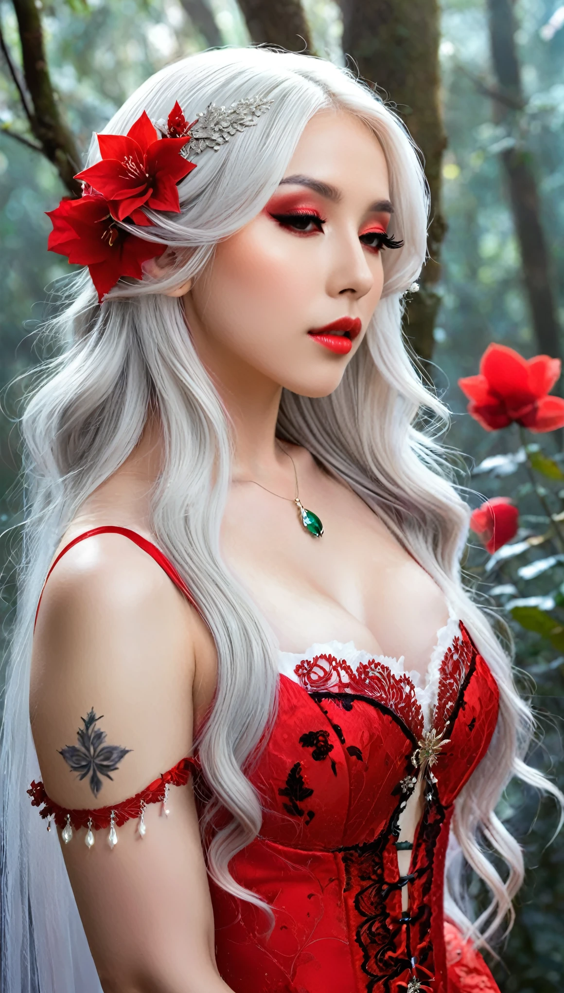 Create an ethereal, anime-style female elf with long, flowing silver hair adorned with a red flower. The character should have pale, smooth skin with intricate tattoos on her arm and chest. She should be dressed in a revealing, elegant red outfit with delicate straps and a black lace hem. Her eyes are closed, showcasing bold red eyeshadow and dark, dramatic eyelashes, and her lips are painted in a matching red color. Her expression is serene and otherworldly. The background should be a misty, dark setting with a soft light illuminating her from above, creating a mysterious and magical atmosphere. Add subtle highlights to her hair and dress to enhance the ethereal feel.