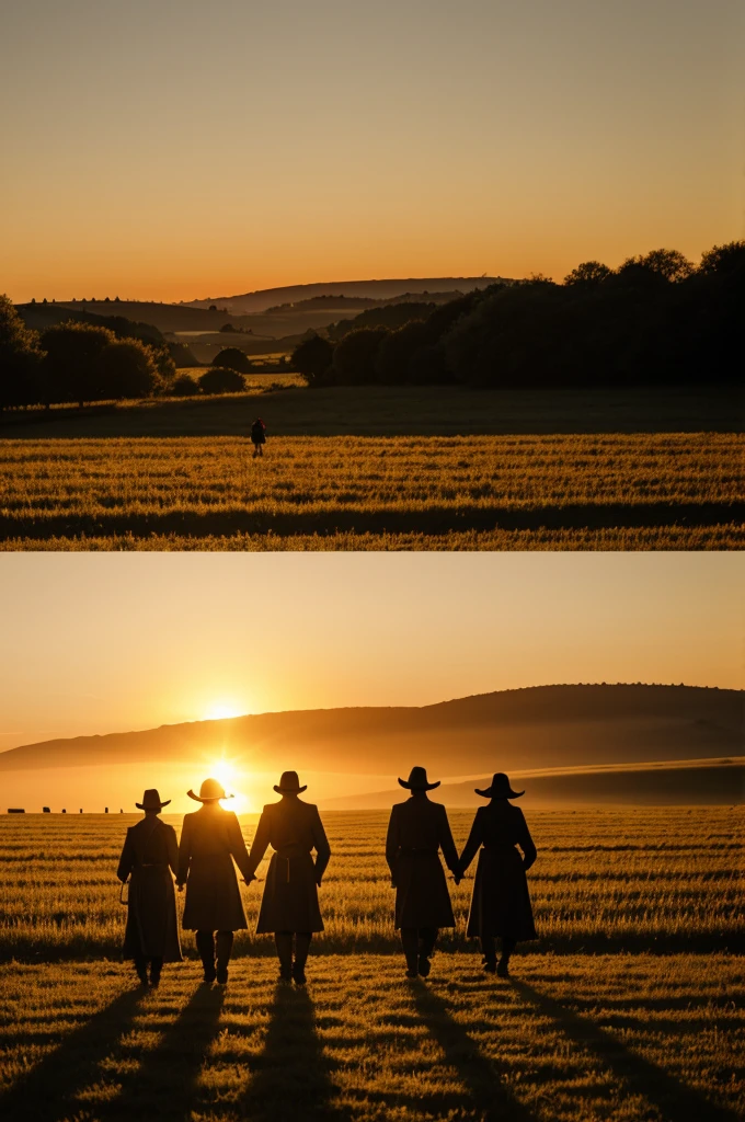 Pilgrims walked towards a field, during the sunset
