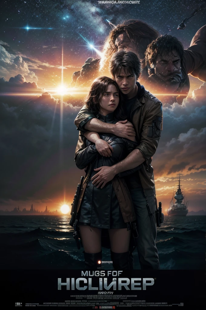 masterpiece in 8k, action movie poster, futuristic genre, the protagonist hugs a girl, in the background a ship, explosions, A planet, in front the title of the movie