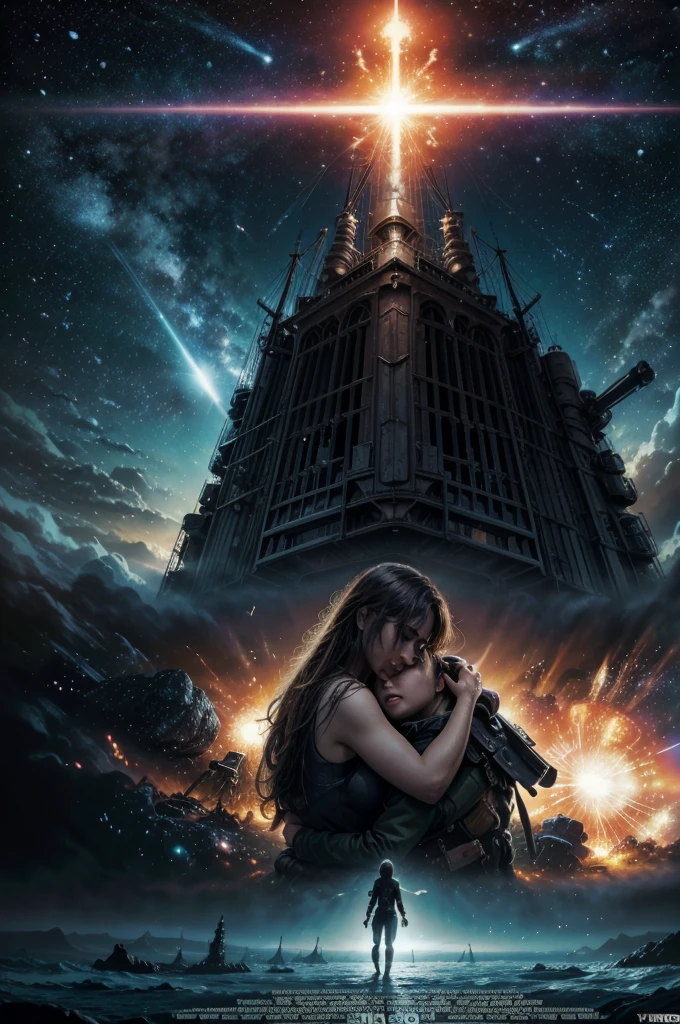 masterpiece in 8k, action movie poster, futuristic genre, the protagonist hugs a girl, in the background a ship, explosions, A planet, in front the title of the movie