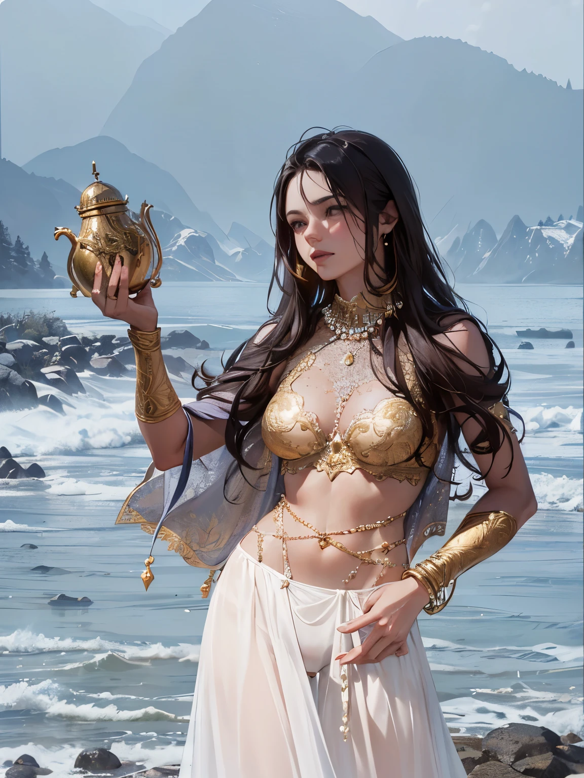 (masterpiece,top quality,Best quality,official art,beautiful and aesthetically pleasing:1.2),At the foot of the mountain,mountains in the distance,Correct anatomy,Full length photo,convex,Cute big breasts,open chest,legs separated,plum,Desire for dissatisfaction,only genitalia, camel toes,Sexual gesture,(Long hair and long meat),gentle face, detailed eyes,Correct anatomy,detailed face, detailed eyes,Holy Rays,gold foil,gold leaf art,deep background,absurdity,fantastic and incredible,Epic composition,(complex parts,hyper detail:1.2),ultra photorealistic, epic realistic, ((with neutral colors)),(pastel color:1.2), hyperrealistic, + cinematography + dynamic composition, incredibly detailed, sharpen, cinematic, warm light, light effect, dramatic light, (complex parts:1.1), complex background, (Pearl Beaded Bralet Top), ((pearl top)),