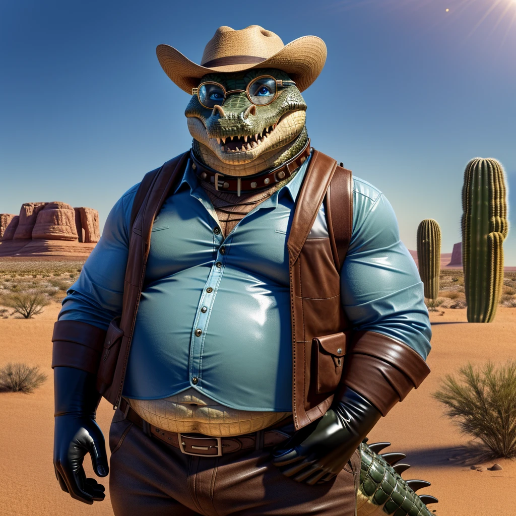 Male, fat, extremely obese, , blue eyes, (posing:1.3), (soft shading), 4k, hi res, ((detailed face, detailed)), looking at viewer, smile, open mouth, desert, cactus, shirt, hat, male focus, cowboy shot, glasses, pants, bag, vest, backpack, sleeves rolled up, round eyewear, brown headwear, brown vest, whiskers, Crocodile is wearing a glossy leather dog collar around the neck, Crocodile is wearing the leather collar and shirt and vest at the same time, Crocodile is wearing glossy white rubber gloves on the hands, gloves are rubber in texture.