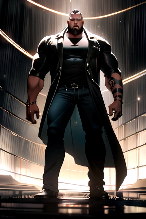 Name of one meter and 80 strong muscular tattooed wearing a black dress shirt and jeans and he also wears a black jacket and has his hair in a low dress cut and a common beard