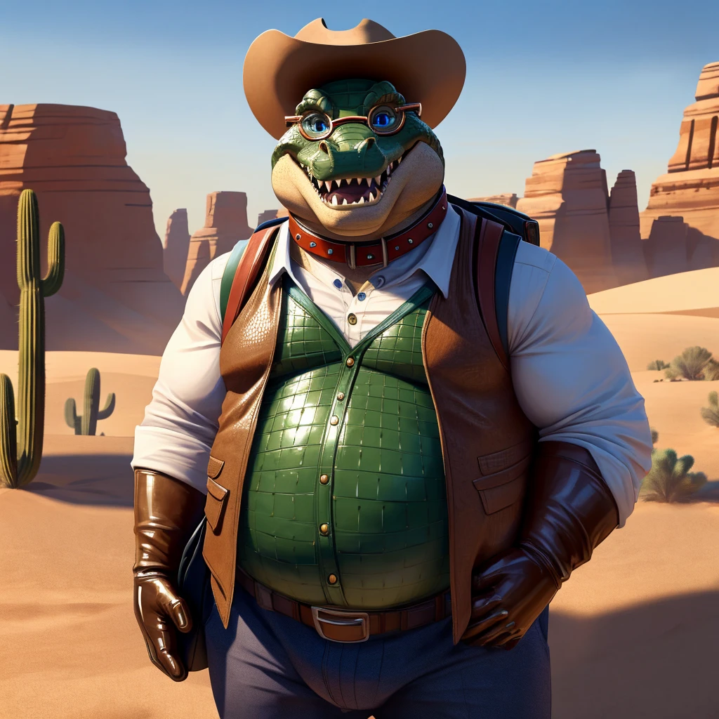 Male, fat, extremely obese, , blue eyes, (posing:1.3), (soft shading), 4k, hi res, ((detailed face, detailed)), looking at viewer, smile, open mouth, desert, cactus, shirt, hat, male focus, cowboy shot, glasses, pants, bag, vest, backpack, sleeves rolled up, round eyewear, brown headwear, brown vest, whiskers, Crocodile is wearing a glossy leather dog collar around the neck, Crocodile is wearing the leather collar and shirt and vest at the same time, Crocodile is wearing glossy white rubber gloves on the hands, gloves are rubber in texture.