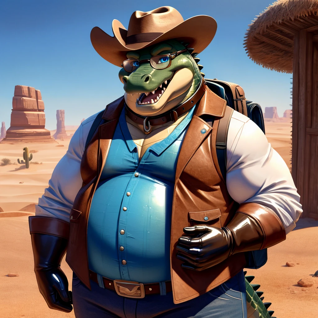 Male, fat, extremely obese, , blue eyes, (posing:1.3), (soft shading), 4k, hi res, ((detailed face, detailed)), looking at viewer, smile, open mouth, desert, cactus, shirt, hat, male focus, cowboy shot, glasses, pants, bag, vest, backpack, sleeves rolled up, round eyewear, brown headwear, brown vest, whiskers, Crocodile is wearing a glossy leather dog collar around the neck, Crocodile is wearing the leather collar and shirt and vest at the same time, Crocodile is wearing glossy white rubber gloves on the hands, gloves are rubber in texture.