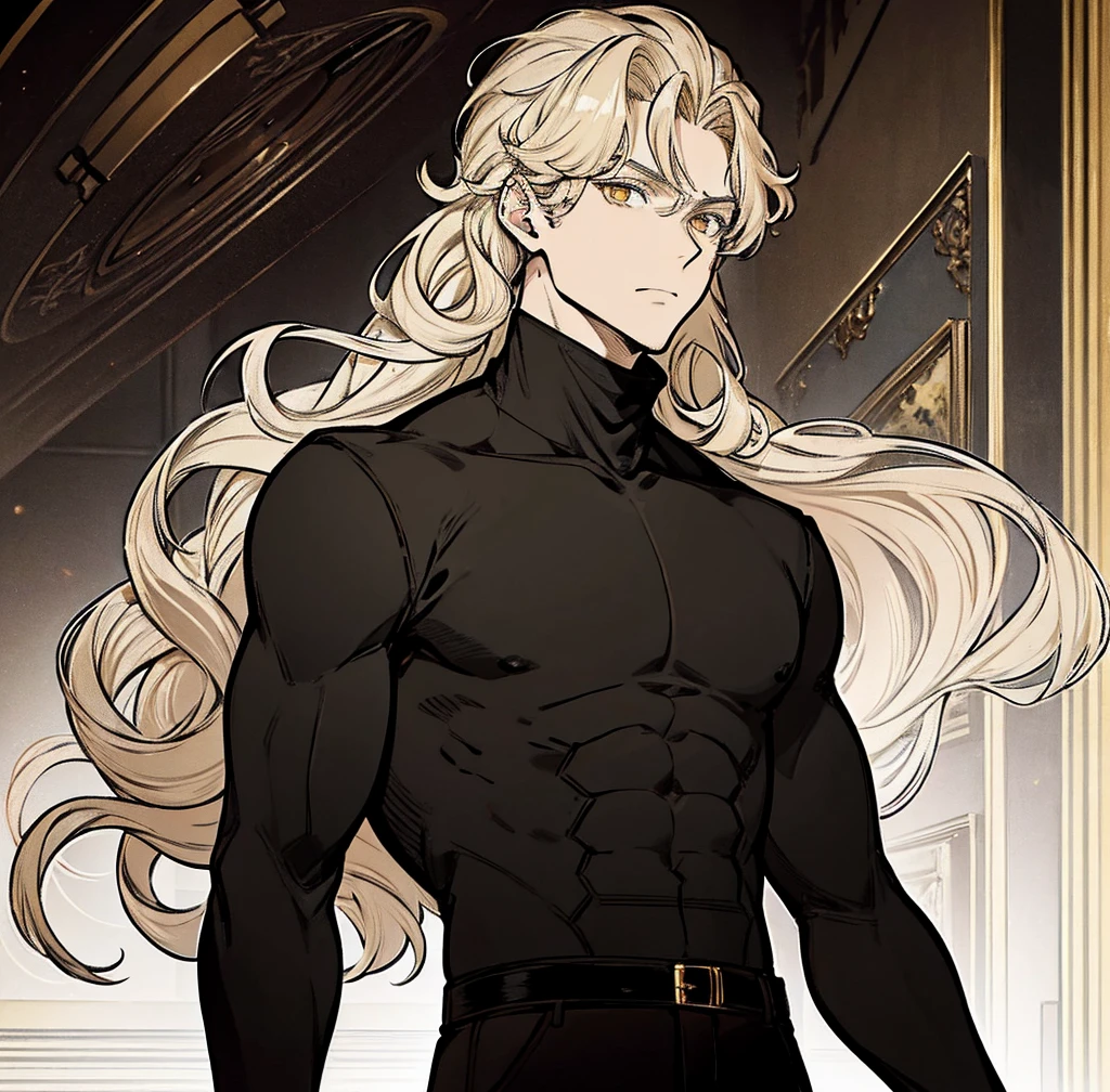 One person, Tall, tan, male, lean and fit, blonde gold curly hair, deep brown eyes, wearing black velvet long sleeve turtleneck, black pants, white high tops, handsome as hell.