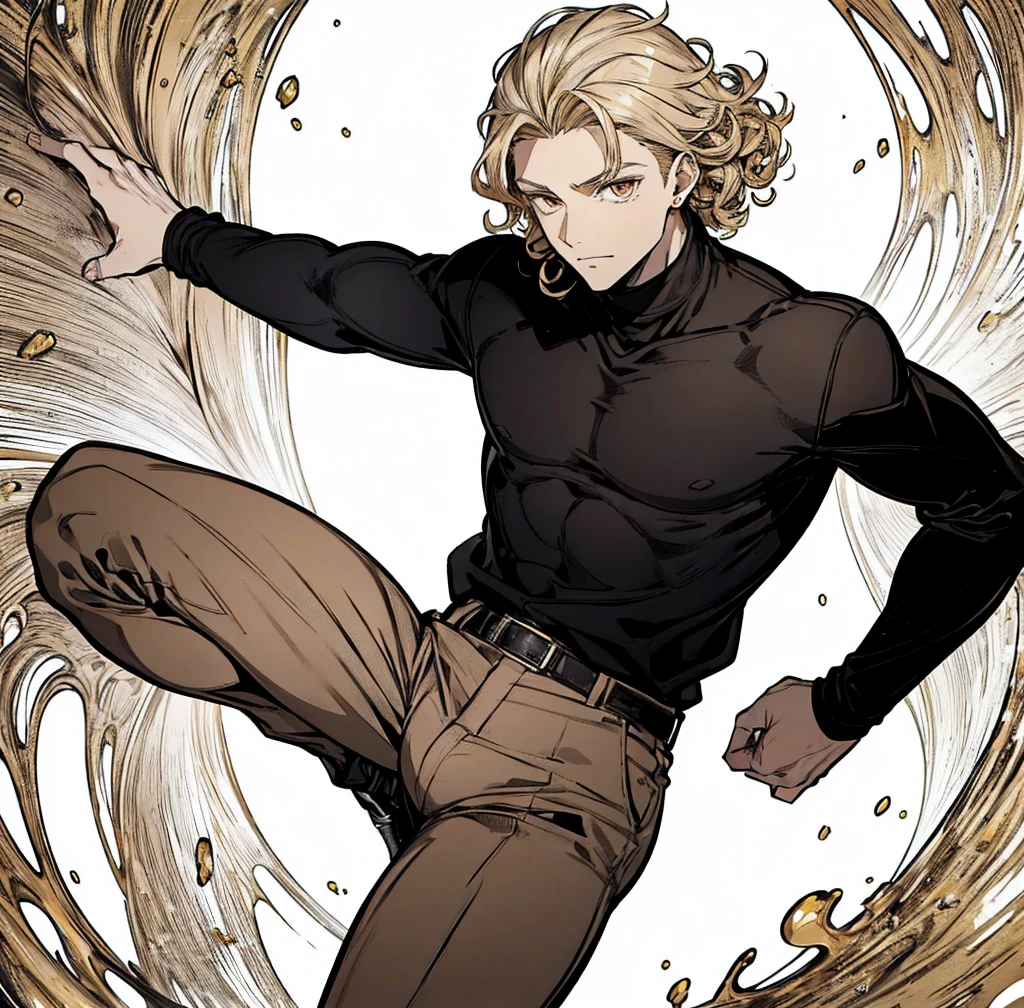 One person, Tall, tan, male, lean and fit, blonde gold curly hair, deep brown eyes, wearing black velvet long sleeve turtleneck, black pants, white high tops, handsome as hell.