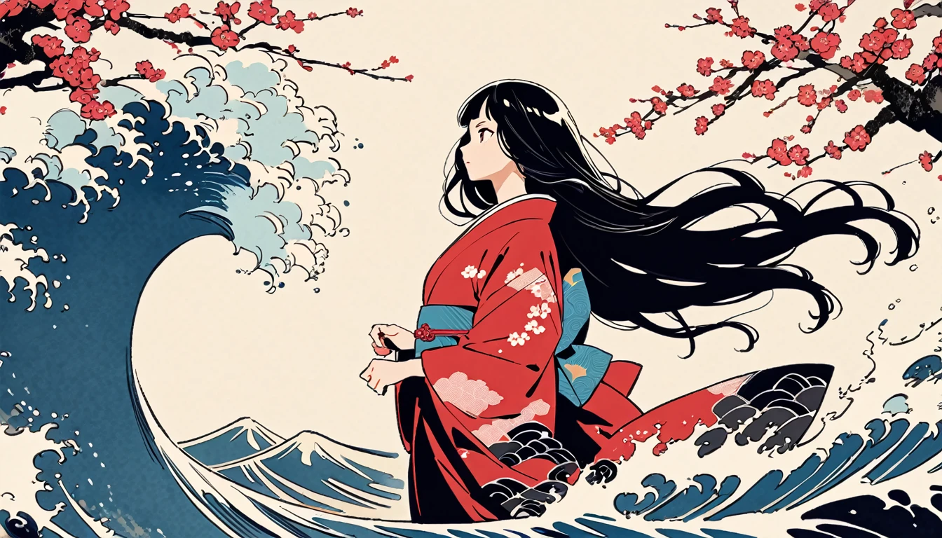 Highest quality,  Delicate and precise,Katsushika Hokusai,Wave, Splash, Giant cherry blossoms, Fuji Mountain, Vibrant, Ink Painting,(((looking away))),(((from side))),(((from below))),20-year-old, (((Long Hair))), (((fancy red kimono)))Japan, Edo Period, (((Black Hair))), Modern anime,eye shadow, Modern ukiyo-e style