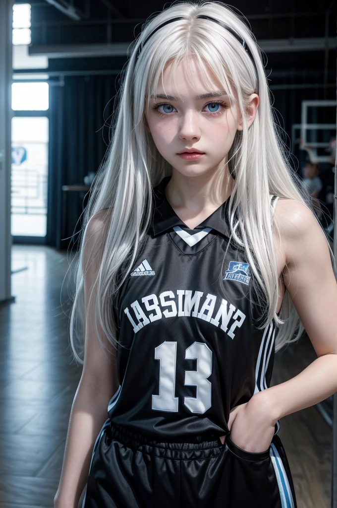 Female ager with white hair, light blue eyes and white skin wearing a black basketball uniform
