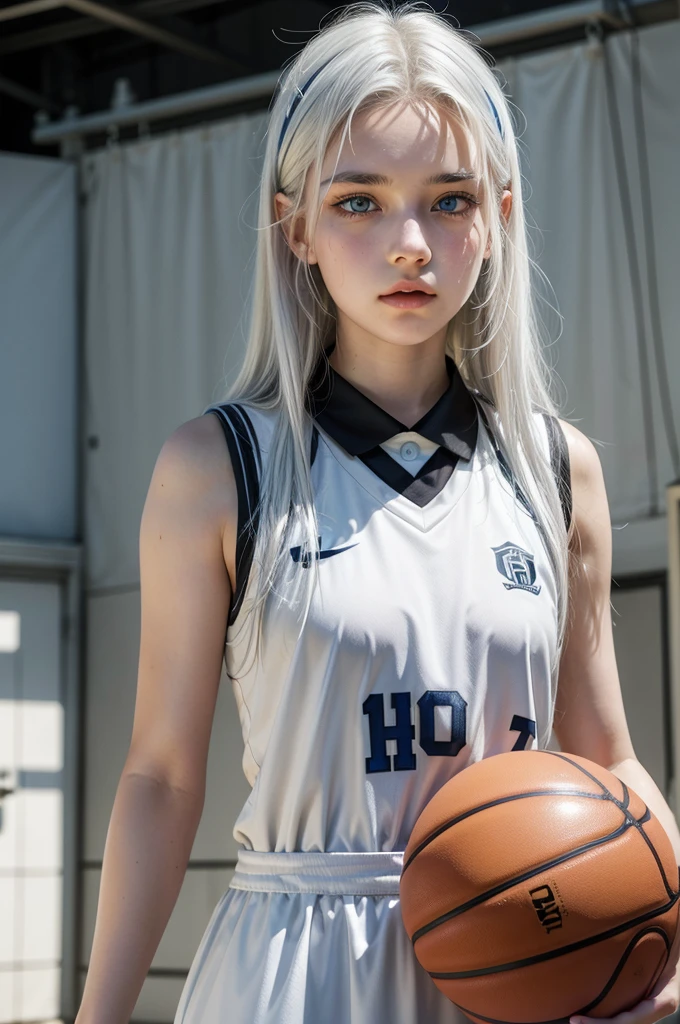 Female teenager with white hair, light blue eyes and white skin wearing a black basketball uniform