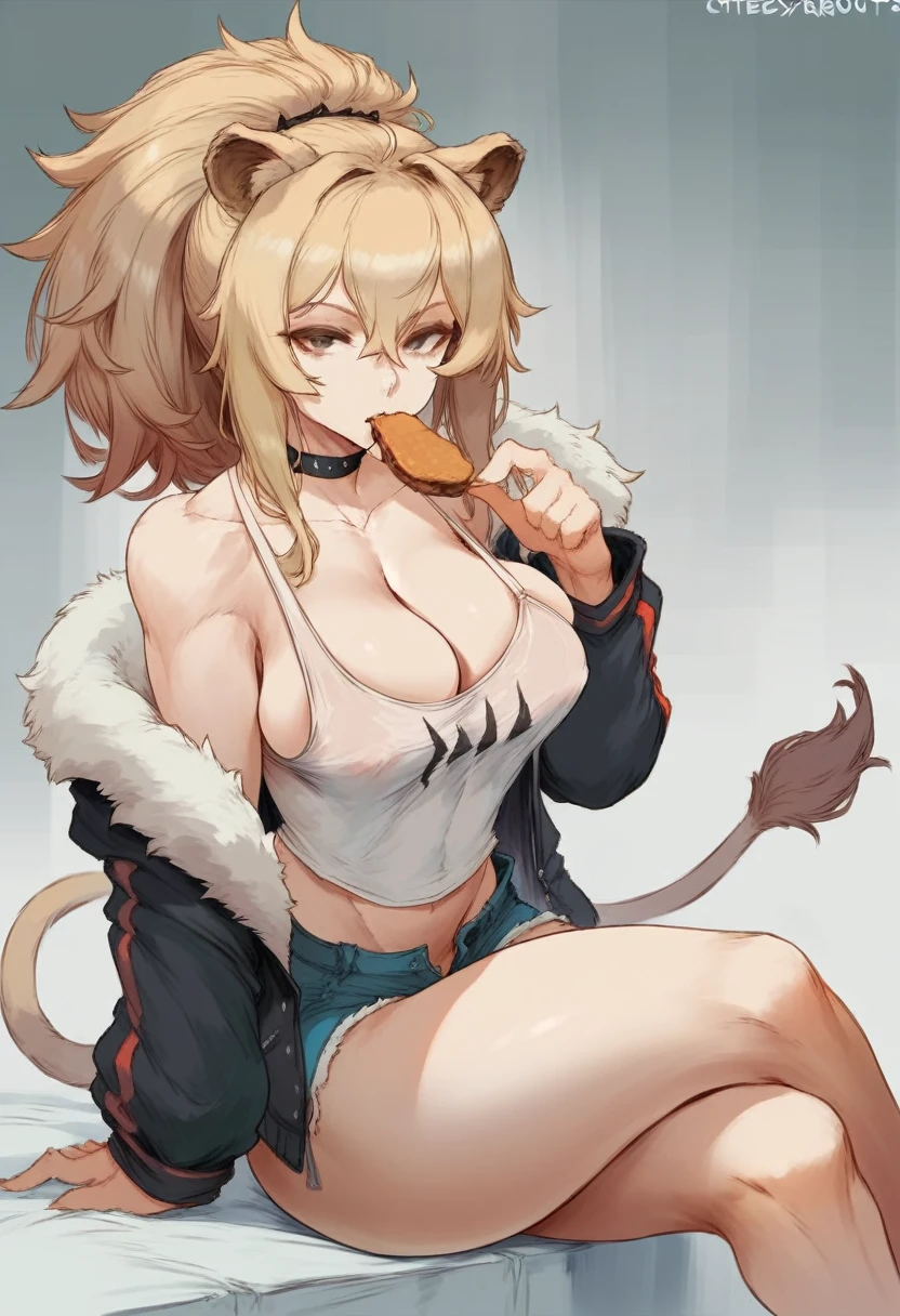 Cutesexyrobutts style, 1girl, animal_ears, breasts, siege_(arknights), solo, red_shorts, lion_ears, cleavage, jacket, tail, shorts, choker, long_hair, fur_trim, large_breasts, black_jacket, crossed_legs, food, bare_shoulders, fur-trimmed_jacket, black_choker, mouth_hold, off_shoulder, sitting, thighs, looking_at_viewer, tank_top, lion_tail, brown_hair, fur-trimmed_shorts, ponytail, short_shorts, brown_eyes, open_jacket, shirt, white_tank_top, hair_between_eyes, collarbone, open_clothes, blonde_hair