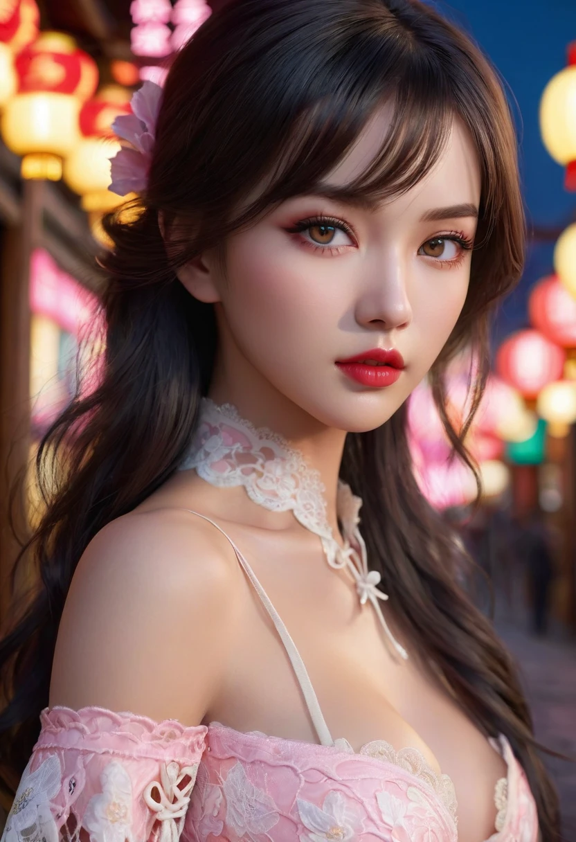 Divide Ratio : 1,1,1 Base Ratio: (masterpiece: 1.3 ), (high resolution photorealistic Realism 16K Quality): (ultra_detailed, UHD:1.2), Extremely detail CG unity 8k wallpaper, depth of field, Fujicolor, (best quality), Fantasy, Artistic, A delicate fairy with mature features, puffy lips, and stunning realistic eyes, (ultra absurd quality, extremely detailed detail, ultra resolution, clear sharp focus, not blurry, (Realistic brown_eyes)), perfect dark_eyeshadows:1.2, a (girl 22-year-old),fashion supermodel,(best high quality real texture skin:1.4),(ebony skin female),(best quality texture hair:1.4),BREAK,((black hair (slicked to the side) Intricately detailed:1.3)),night((outside,in the Chinatown at night:1.3)),(best high quality:1.4),(soft neon lighting on the face and body),(perfect proportions),(anatomically correct),(perfect female body:1.4),(firm big full breasts:1.4),slim face,beautiful cheekbones,((slim,swell-muscled body:1.3)),(Insanely beautiful face),(realistic face),(Insanely detailed face),((super realistic sharp-eyes)), (tired and sleepy and satisfied:0.0), perfect round eyes, finely detailed pupils, ((long legs)), detailed lips:1.3,(pink_makeup:1.15),(red_lipstick:1.1),(perfect dark_eyeshadows:1.3),(Insanely detailed makeup on eyes:1.3), iridescent eyes, with professional makeup, vibrant eyes:1.2, (Detailed nose:1.2),BREAK,((Insanely detailed BLACK((cut jacket cute)) wear:1.24)),dynamic pose,(long white-black lace dress((lace-up dress with Intricately detailed:1.44))),(random u%u top:1.25),exquisite balance of shadows,perfect composition,look at the viewer, ((show high exposed thighs:1.3)), Hasselblad, 85mm f/4.0, ((cowboy shot:1.4)), 