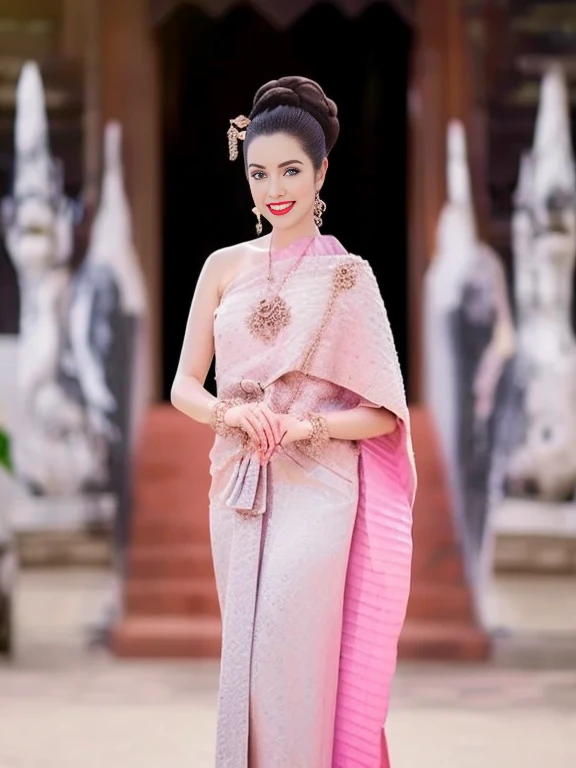 Araffe woman in gold dress poses for photo, In Lammanh style, Ao Dai, Noble Gold, decorated with goldเนื้อเนียน, golden clothes, elegant pose, Cheongsam, Golden Silk, Luxurious golden body, Sazi, luxurious golden skin, queen of the sea Mu Yanling, decorated with gold, Inspired by Tang Di, an Arav woman in a golden dress stands in front of a building., Sukhothai dress, Dilraba Dilmurat, traditional beauty, Wear elegant clothes, traditional this tradition, Wear luxurious clothes, this tradition, Traditional clothing, Thai girl anime, traditional outfit, According to Thawan Duchanee's style, Wear a luxurious silk dress, Thai art, Traditional clothing สาวเอเชียที่สวยงาม,stereoscopic 8k,45 high quality colored lights,000,000,000 pixels, photo, post-trade photo, animation, beautiful portrait,