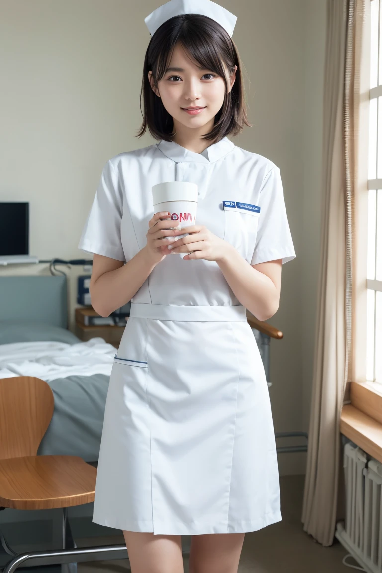 1 Girl,(Wearing white nurse clothes:1.2),(RAW Photos, Highest quality), (Realistic, photo-Realistic:1.4), masterpiece, Very delicate and beautiful, Very detailed, 2k wallpaper, wonderful, finely, Very detailed CG unity 8k wallpaper, Very detailedな, High resolution, Soft Light, Beautiful detailed girl, Very detailed eyes and face, Beautiful and detailed nose, finely beautiful eyes, nurse, Perfect Anatomy, Black Hair, Upstyle, nurse uniform, Long skirt, nurse, White costume, thin, hospital, clear, White Uniform, hospital room, Neck auscultation,Bobcut、Flip up the skirt、20th Generation、smile、Hands holding a cup