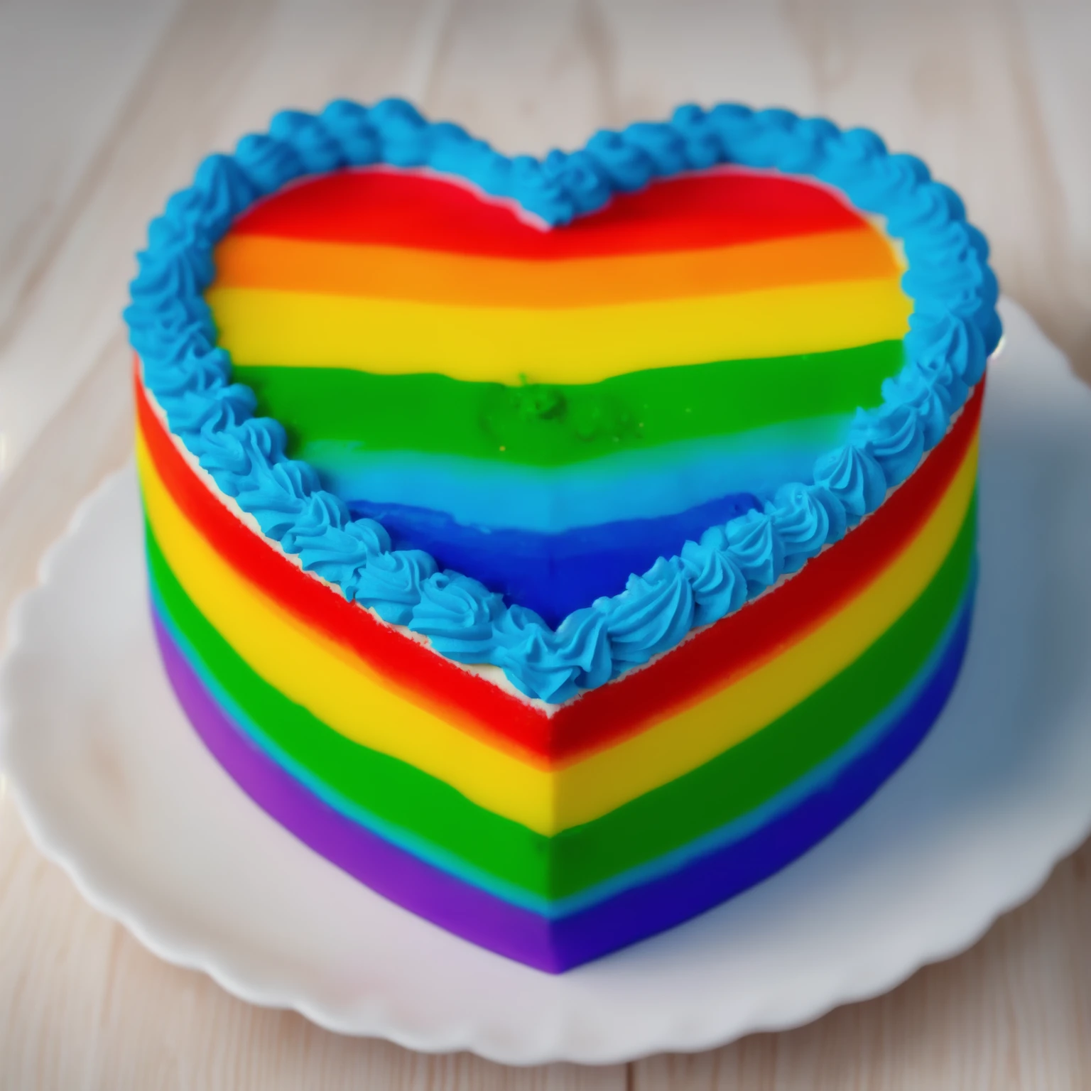 on a wooden table, worth a heart shaped cake, rainbow gradient cream cake, Cream cake , cream texture, Realistic style, realistic texture, bright lighting, high quality, detailed texture, Beautiful light from the window, beautiful lighting, high detail, macro photography, ultra 4k hd