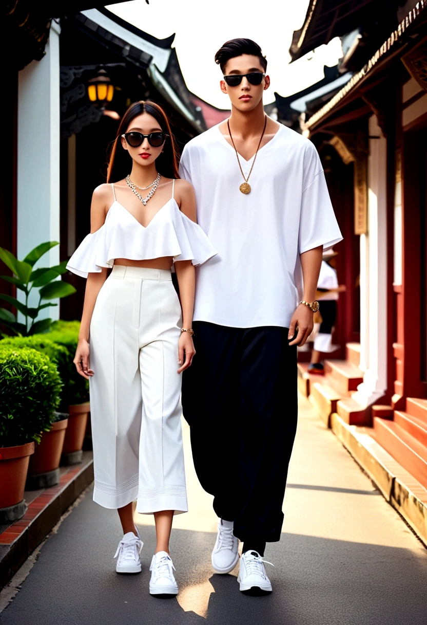 candid fashion photography of ((young man and woman)), both aged 20-25 year old, showcase fashion outfits in a ((White rayon outfits)), inspired by JACQUARD's spring-summer collection in elegant luxury style, The man wears an oversized short-sleeved white shirt with a sporty details, paired with relaxed-fit white Sports Shorts with semi hard bulge, He completes his look with white sneakers and sunglasses. The woman complements him in Ankle-length dress in white, featuring a deep V-neckline  and spaghetti shoulder straps, with Gathered detail tiers down the skirt and hem, Her ensemble includes an accessorizes  white sneakers and full of necklace. Captured in a low angle, ((full-body image)) ,Photographed with a a Canon EOS R6 with Sigma AF 85mm F1.4 EX DG HSM, utilizing natural light, the image employs shadows to enhance features and add depth to the composition. The careful layering and arrangement of body parts and surrounding objects ensure a flawless composition. This masterpiece celebrates the beauty of the models and invites viewers to immerse themselves in a world of sophistication and charm. The seductive lighting and intricate details, combined with a dramatic composition, capture the essence of a fun-filled day brimming with joy and relaxation. Attention is meticulously paid to the layers and arrangement of body parts and surrounding objects, ensuring correct body structure and photo distance. The romantic atmosphere, lively Chiang Mai Old city old town street setting, extremely gorgeous background, completes this captivating scene,  ((Pay attention to the layer and arrangement of body parts and surrounding objects)), ((Pay attention to the body composition)), ((Correct body structure)), ((Correct photo distance)),