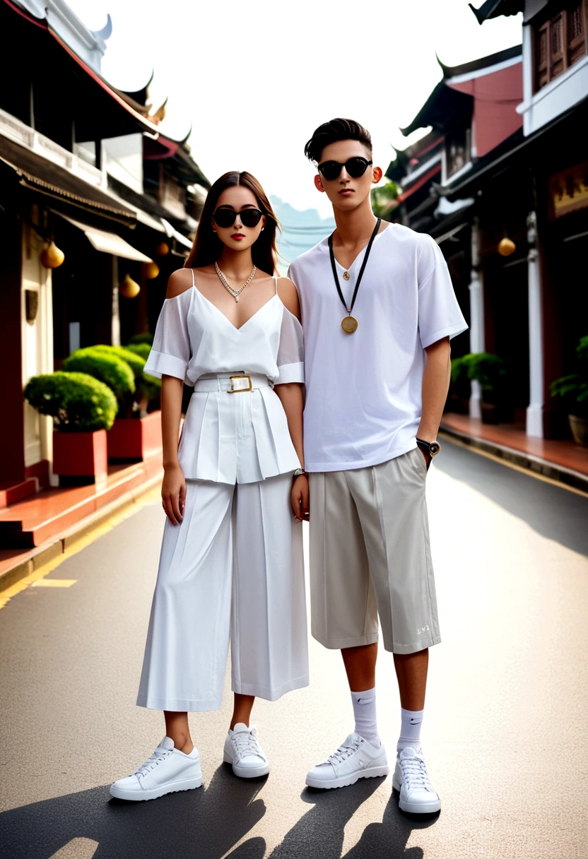 candid fashion photography of ((young man and woman)), both aged 20-25 year old, showcase fashion outfits in a ((White rayon outfits)), inspired by JACQUARD's spring-summer collection in elegant luxury style, The man wears an oversized short-sleeved white shirt with a sporty details, paired with relaxed-fit white Sports Shorts with semi hard bulge, He completes his look with white sneakers and sunglasses. The woman complements him in Ankle-length dress in white, featuring a deep V-neckline  and spaghetti shoulder straps, with Gathered detail tiers down the skirt and hem, Her ensemble includes an accessorizes  white sneakers and full of necklace. Captured in a low angle, ((full-body image)) ,Photographed with a a Canon EOS R6 with Sigma AF 85mm F1.4 EX DG HSM, utilizing natural light, the image employs shadows to enhance features and add depth to the composition. The careful layering and arrangement of body parts and surrounding objects ensure a flawless composition. This masterpiece celebrates the beauty of the models and invites viewers to immerse themselves in a world of sophistication and charm. The seductive lighting and intricate details, combined with a dramatic composition, capture the essence of a fun-filled day brimming with joy and relaxation. Attention is meticulously paid to the layers and arrangement of body parts and surrounding objects, ensuring correct body structure and photo distance. The romantic atmosphere, lively Chiang Mai Old city old town street setting, extremely gorgeous background, completes this captivating scene,  ((Pay attention to the layer and arrangement of body parts and surrounding objects)), ((Pay attention to the body composition)), ((Correct body structure)), ((Correct photo distance)),