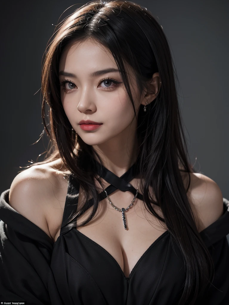 A very beautiful woman with dark eyes, an evil-looking face and a mischievous expression,