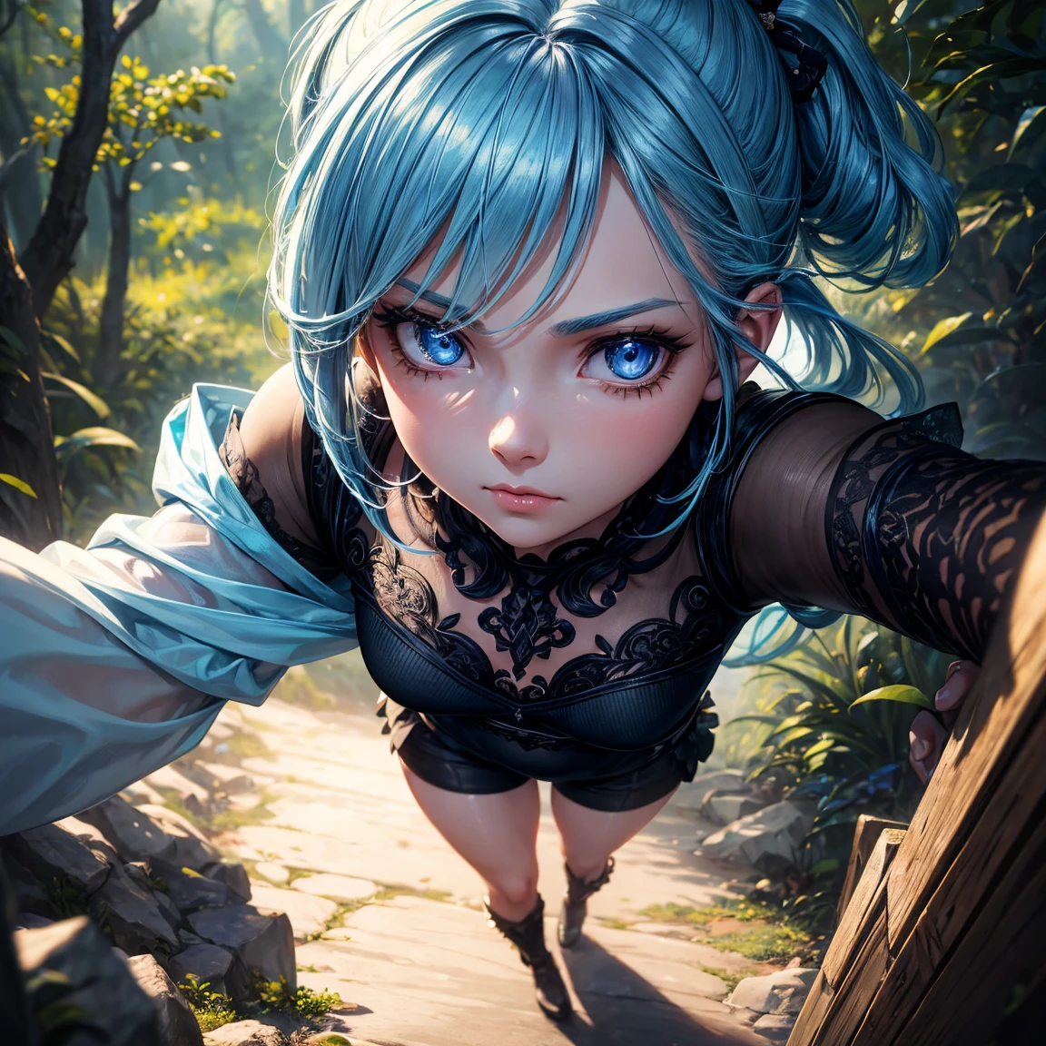a young girl!!!, 1girl, light blue short ponytail hair, light blue hair!!!, very small breasts, blue eyes, little black tight top, little black tight shorts, full body, full body, walking, dark forest, incredibly sexy body, detailed face, beautiful detailed eyes, beautiful detailed lips, extremely detailed eyes and face, long eyelashes, intricate details, detailed clothing, intricate details,highly detailed, photo realistic, 8k, best quality, masterpiece, cinematic lighting, dramatic lighting, vibrant colors, fantasy, digital art, concept art