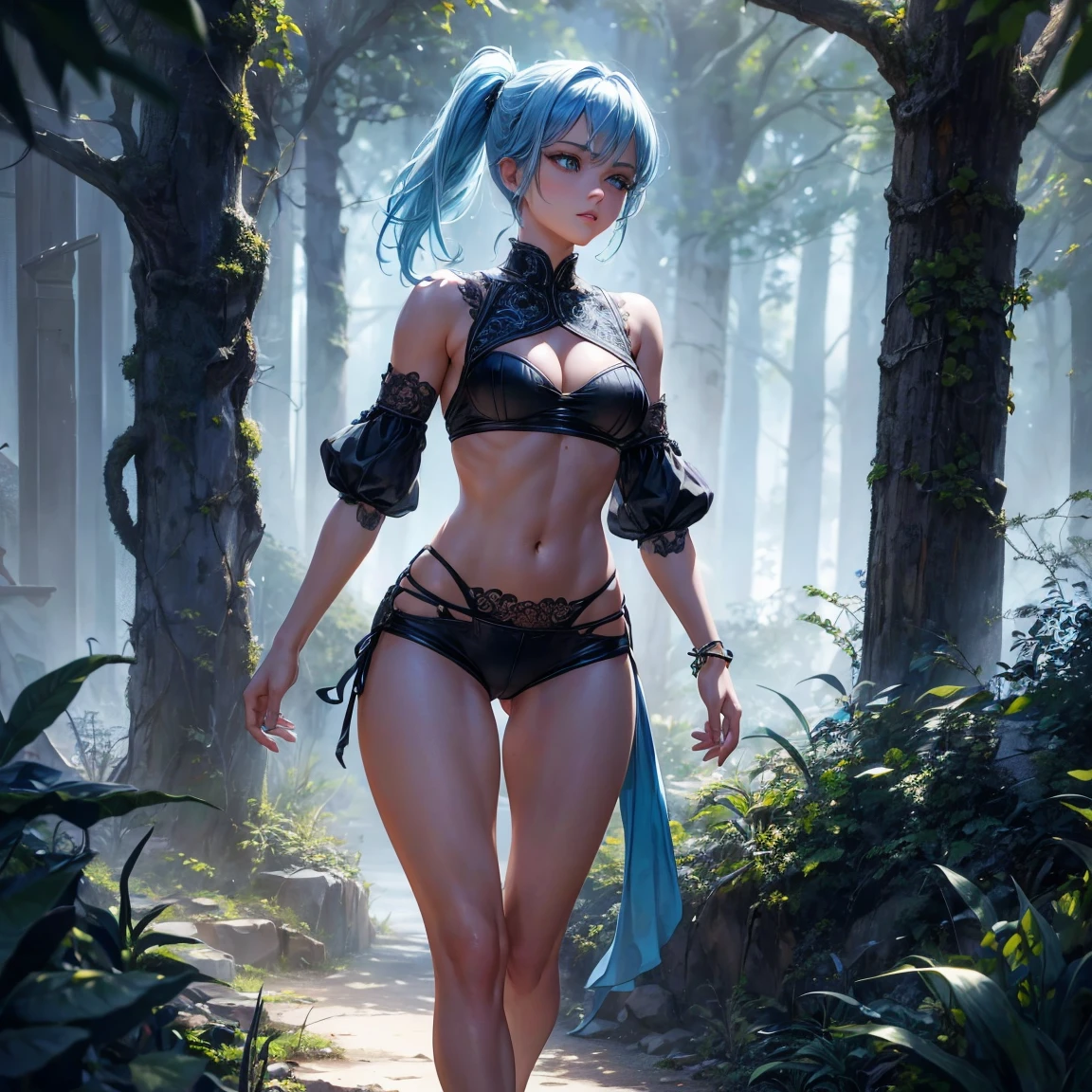 a young girl!!!, 1girl, light blue short ponytail hair, light blue hair!!!, very small breasts, blue eyes, little black tight top, little black tight shorts, full body, full body, walking, dark forest, incredibly sexy body, detailed face, beautiful detailed eyes, beautiful detailed lips, extremely detailed eyes and face, long eyelashes, intricate details, detailed clothing, intricate details,highly detailed, photo realistic, 8k, best quality, masterpiece, cinematic lighting, dramatic lighting, vibrant colors, fantasy, digital art, concept art