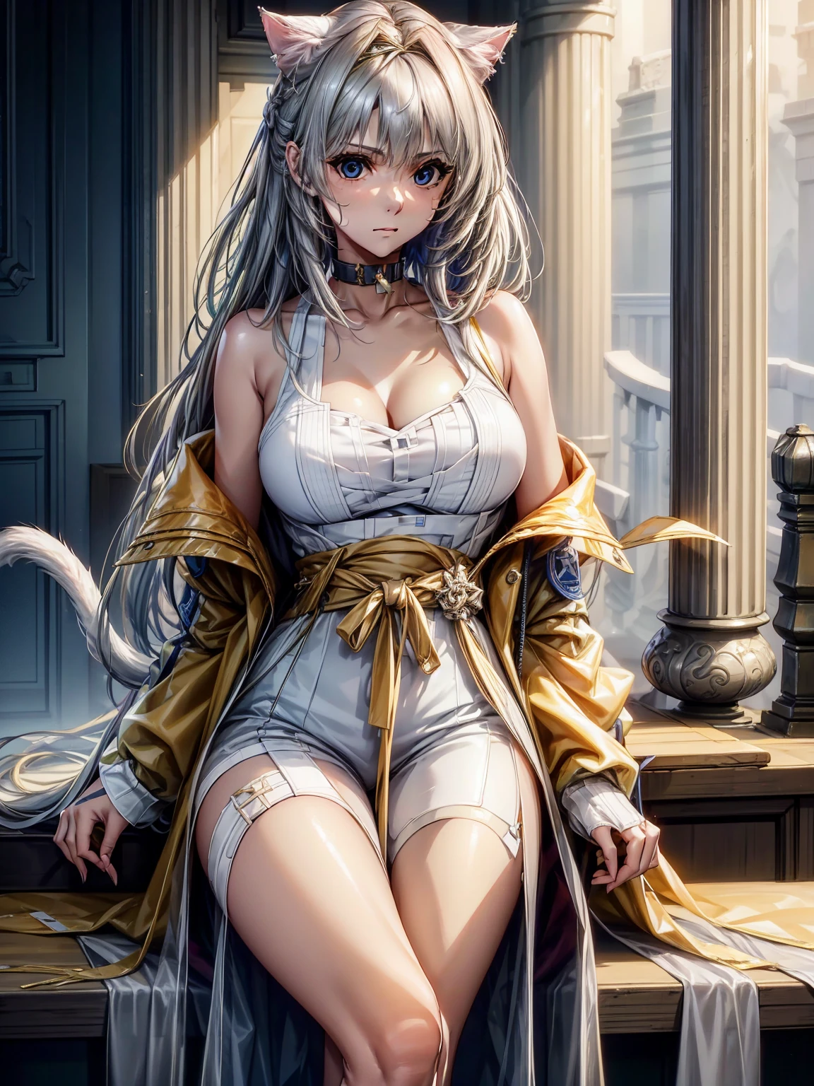top-quality、tmasterpiece、Very high resolution、super high image quality、High-quality pixels)、perfect eyes, perfect face, perfect body figure,solo,8K, very large breast,(Detailed description of hair), (Detailed description of face),(Detailed description of body), fair and clear skin, matchless beauty, short hair, animal ears, bangs, long sleeves, dress, bare shoulders, silver hair, blue eyes, cat ears, standing, cowboy shot, animal ear fluff,, DEFAULT, default, see-through sleeves,elegant,calm expression, mature woman,official costume