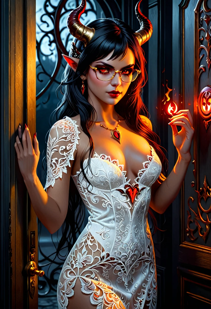 (facial portrait: 1.5), epic good looking succubus wearing a (white lace: 1.2) dress (intense details, Masterpiece, best details: 1.6), (wearing elegant stylish yellow rimmed glasses:1.1) (intricate details, Masterpiece, best details: 1.6), ((red skin: 1.5)), ultra detailed face (intense details, Masterpiece, best details: 1.5),standing in the door entrance, holding a red and gold ring (intense details, Masterpiece, best details: 1.6), black hair, long hair, red eyes, glowing eyes, small horns, dim light, high details, best quality, 16k, [ultra detailed], masterpiece, best quality, (extremely detailed), ultra wide shot, photorealistic, gothic art, sense of darkness, sense of seduction, fiery magic symbols (intense details, Masterpiece, best details: 1.6),in the background, Dark Art Painting Style, dark, black and color