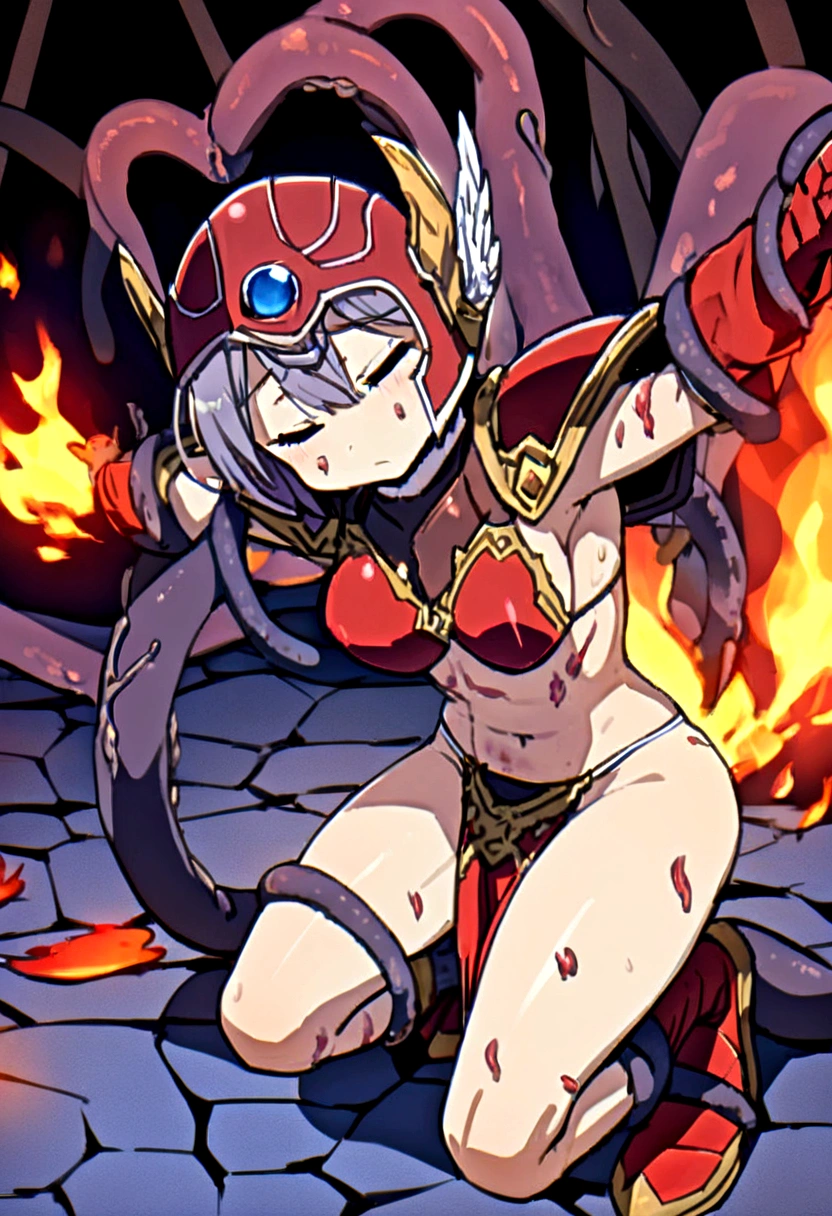 (((Dragon Quest 3 Costumes)))、clear、(((woman)))、(((Systemic manifestations)))、(((alone)))、(((muscular)))、(((The red armor is torn)))、((The red helmet is badly torn.))、((Bloodstained))、((Best image quality、8K))、Ultra-high resolution、(((On one knee)))、(((Chained hands))),(((I feel like I&#39;m going to pass out))),(((Bleeding from many wounds(It's heartbreaking.)))、(((Flames burn in the armor)))、(((Under enemy attack)))、(((My body is numb)))、(((Bound to a cross by tentacles)))、(((The Depths of Despair)))、(((I am enduring it with willpower alone.))),(((Flames burn in clothes)))、(((Attacked by the flames of hell)))、(((Hot air makes it difficult to breathe))),(((Eyes are clear)))、(((Staying true to LoRA)))、(((Follow instructions faithfully)))。As directed,Heavy bleeding from a wound in the leg,Flames burning in armor,Severe pain throughout the body,Exposure to highly toxic liquids,I feel like my body is paralyzed,
As directed,Clear Eyes,The flames are burning in my body,Sleep on your back,Poisoned,In magma, there are scars and bruises all over the body.。There is a lot of bleeding from the wound。(((incontinence)))、Crippling、Full body description、Real、Anime depiction、Clear display、Being showered with armor-melting liquid、Tentacles wrap around the abdomen, restricting movement、The life force is sucked out。The enemy finishes you off with a tentacle.、alone