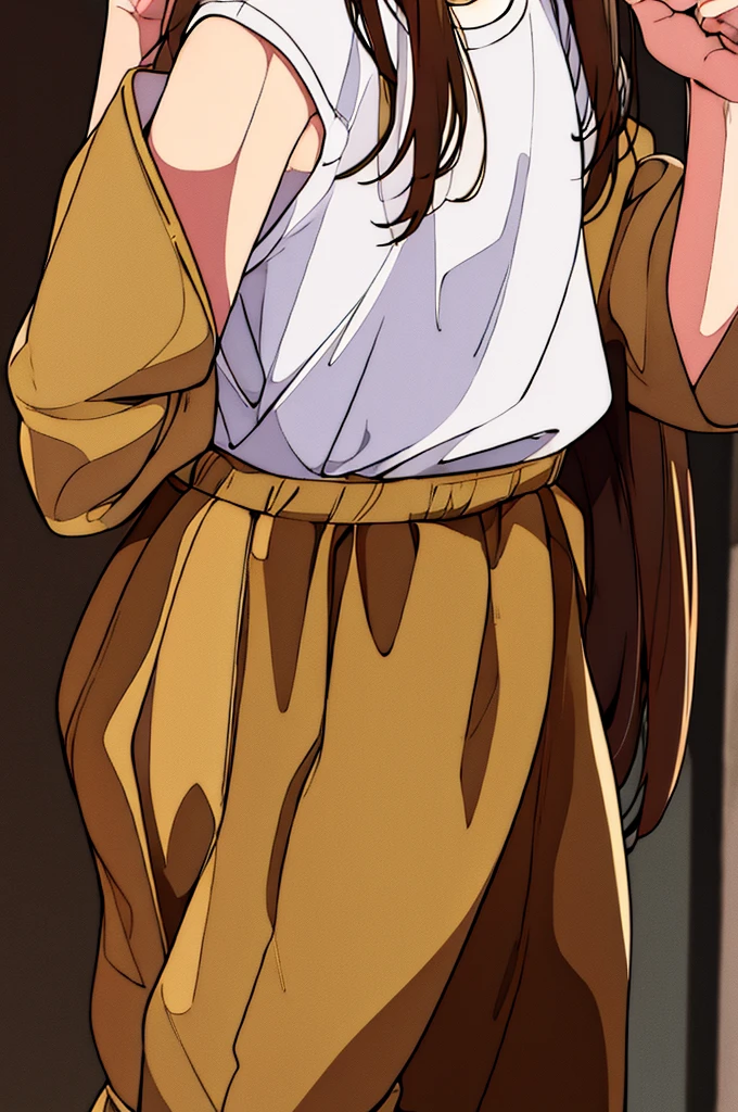 An anime girl wearing khaki brown cargo joggers, a white t-shirt, that says ''Wachu', with a hat, and that he is smiling and raising his hand greeting me, con a white t-shirt con marrón
