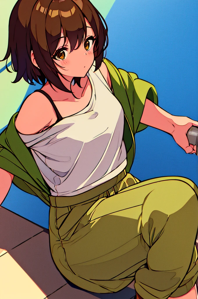 An anime girl wearing khaki brown cargo joggers, a white t-shirt, that says &#39;&#39;Wachu&#39;, with a hat, and that he is smiling and raising his hand greeting me, con a white t-shirt con marrón