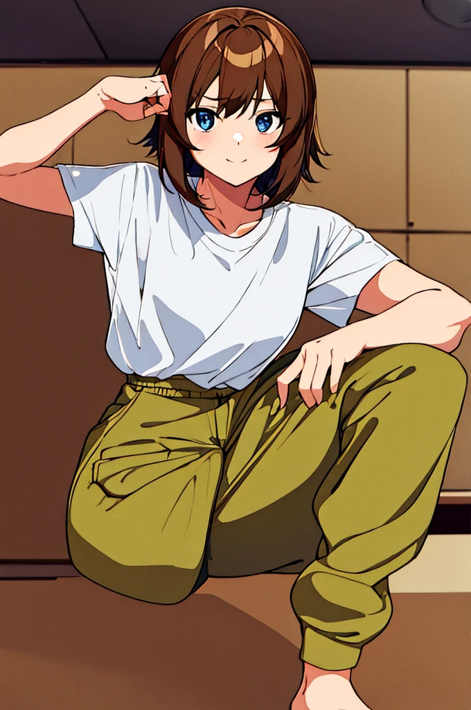 An anime girl wearing khaki brown cargo joggers, a white t-shirt, that says ''Wachu', with a hat, and that he is smiling and raising his hand greeting me, con a white t-shirt con marrón