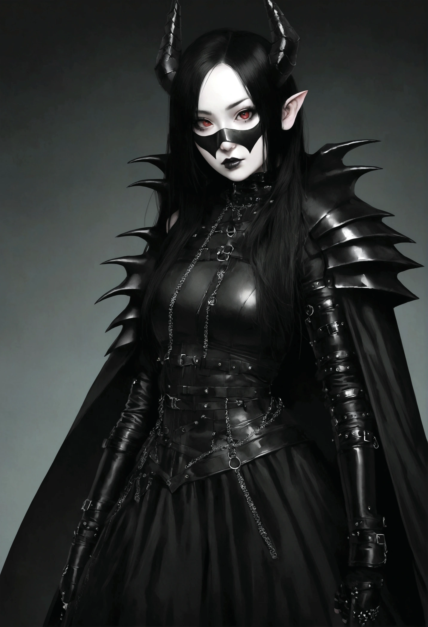 araffe dressed in black with horns and cape holding a black mask, japanese gothic, with black horns instead of ears, darkwave goth aesthetic, black metal aesthetics, wearing modern gothic clothes, with horns, dark, ominous gothic aesthetic, cruel korean goth girl, hyper - goth, wearing techwear and armor, full-cosplay, gothic aesthetic, anime cosplay, realistic