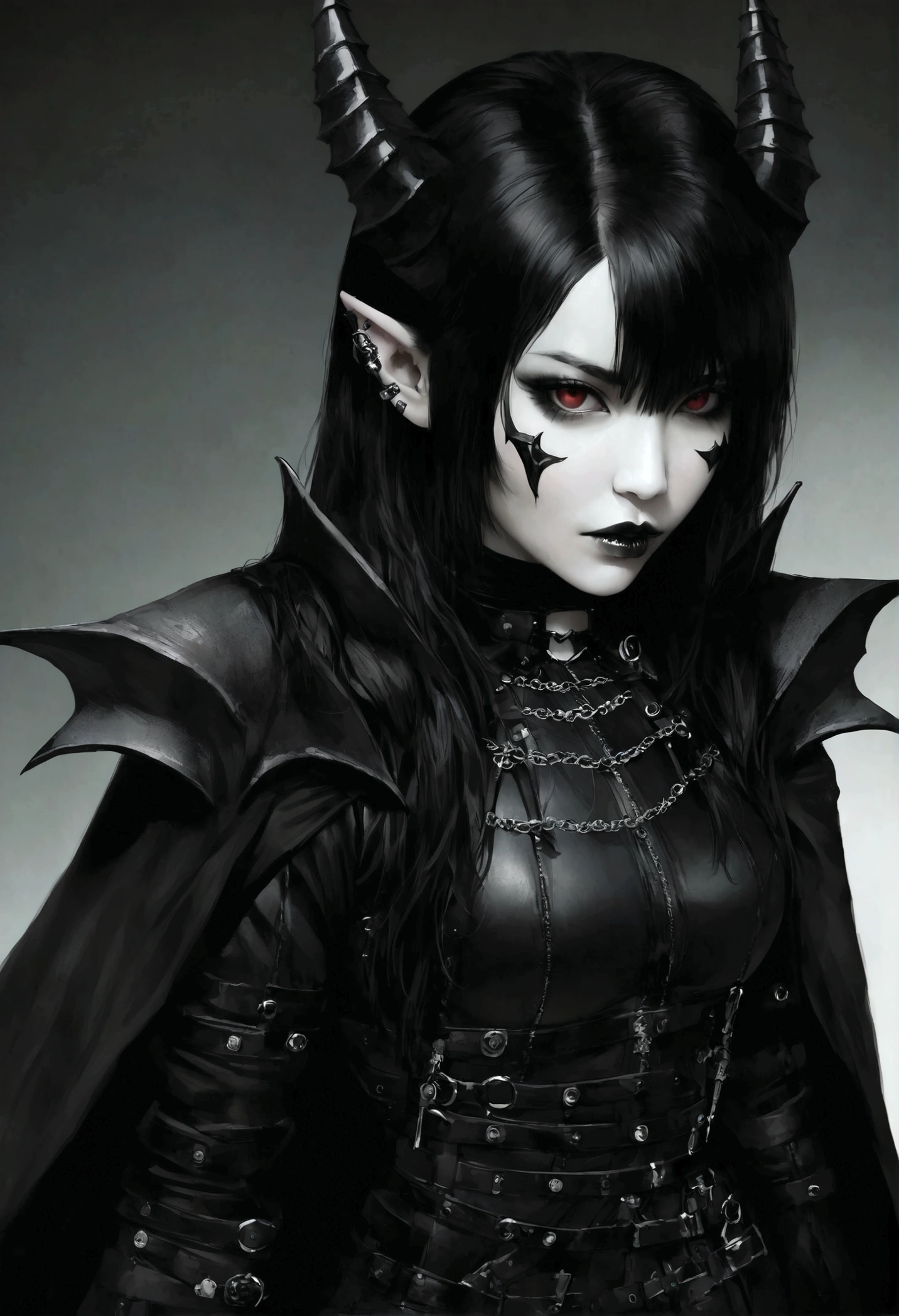 araffe dressed in black with horns and cape holding a black mask, japanese gothic, with black horns instead of ears, darkwave goth aesthetic, black metal aesthetics, wearing modern gothic clothes, with horns, dark, ominous gothic aesthetic, cruel korean goth girl, hyper - goth, wearing techwear and armor, full-cosplay, gothic aesthetic, anime cosplay, realistic