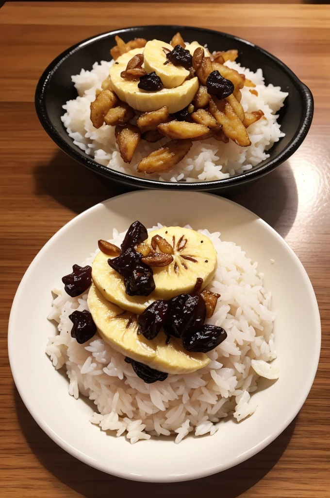 White rice, fried banana strips and black raisins
