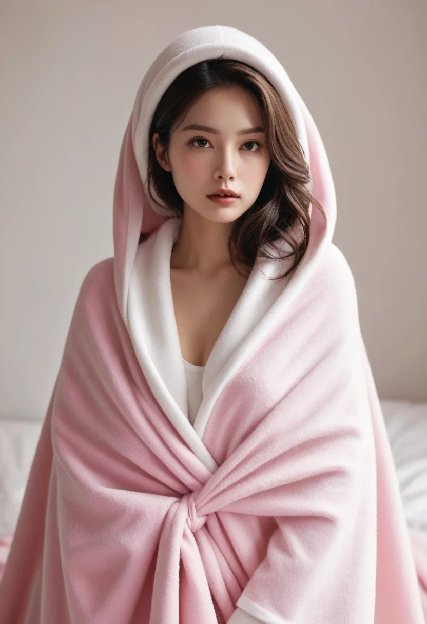 Wrapped in a large pink blanket and tied with a white ribbon