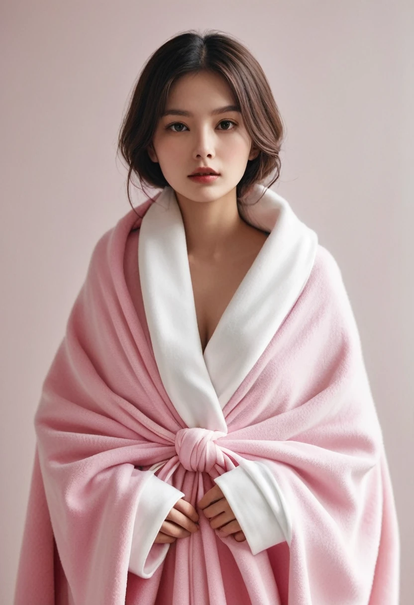 Wrapped in a large pink blanket and tied with a white ribbon
