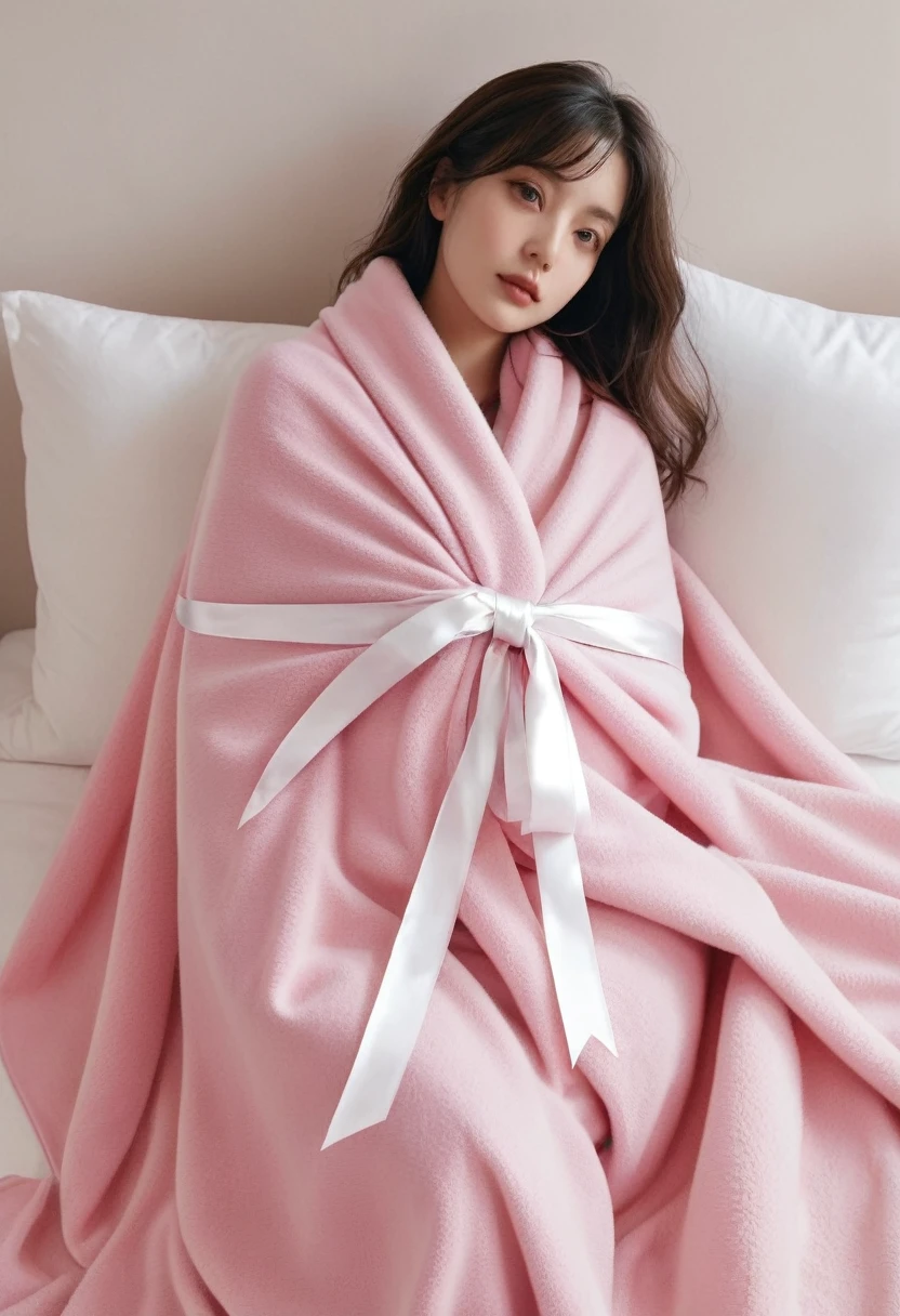 Wrapped in a large pink blanket and tied with a white ribbon
