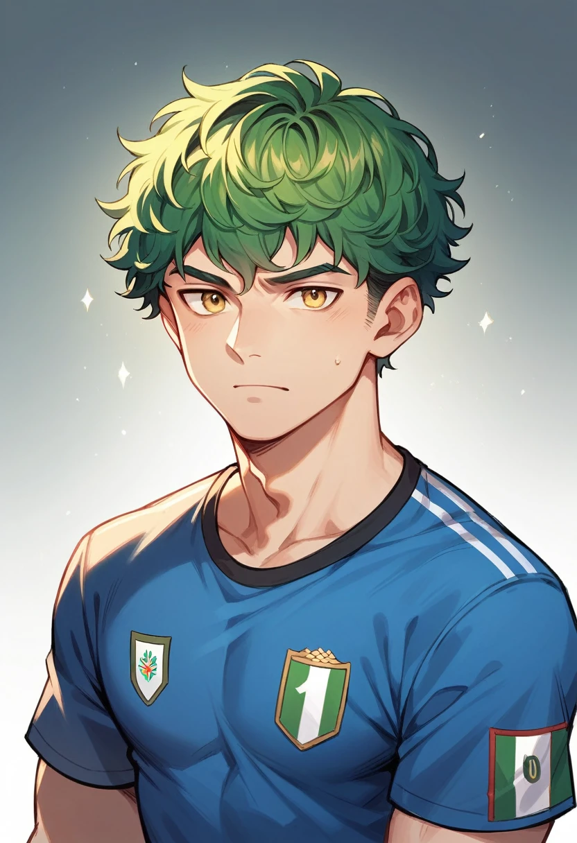 male, solo, handsome, short hair, curly hair, green hair, yellow eyes, soccer shirt, blue shirt, italy soccer shirt