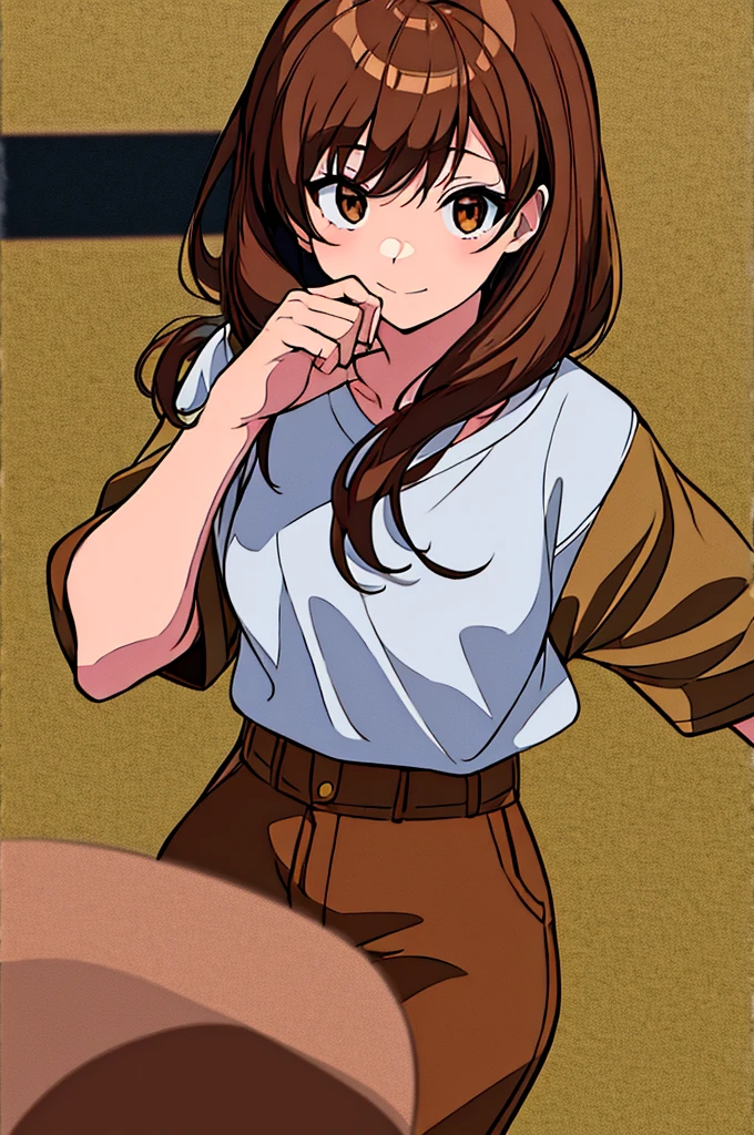 An anime girl wearing khaki brown cargo joggers, a white t-shirt, that says &#39;&#39;Wachu&#39;, with a hat, and that he is smiling and raising his hand greeting me, con a white t-shirt con marrón