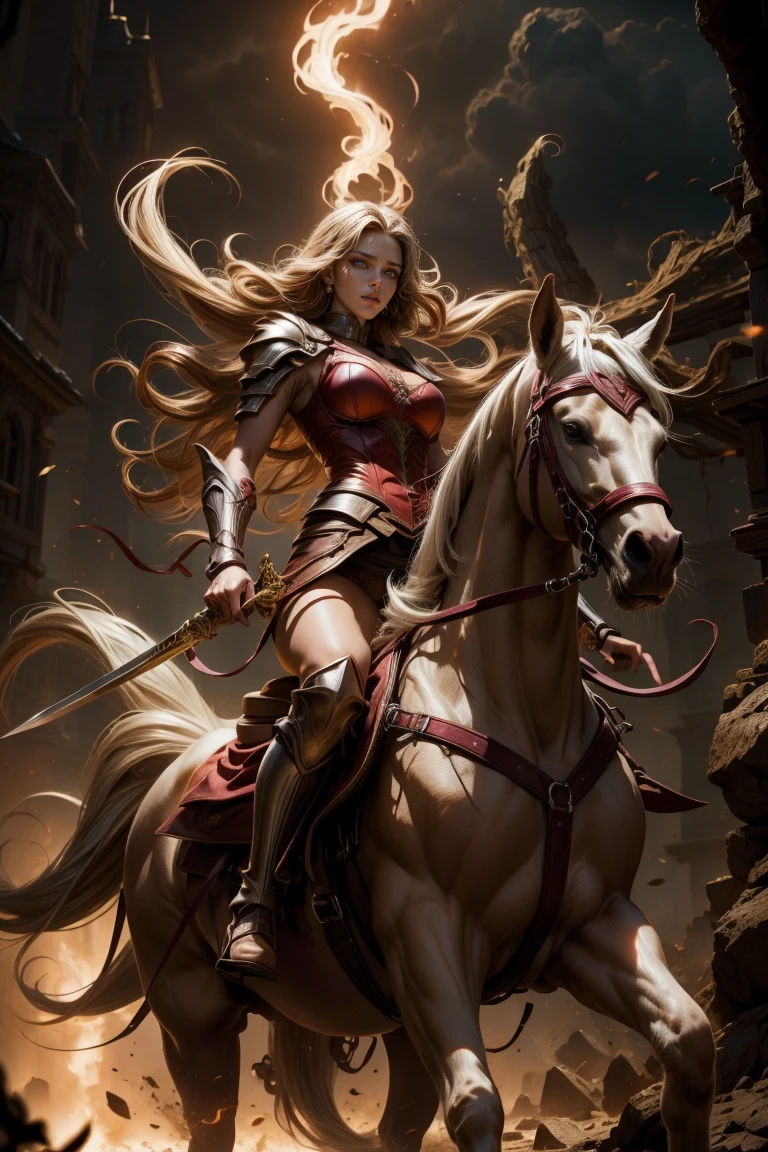 sensual rider woman on her horse, with a flaming sword