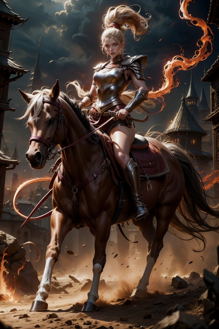 sensual rider woman on her horse, with a flaming sword