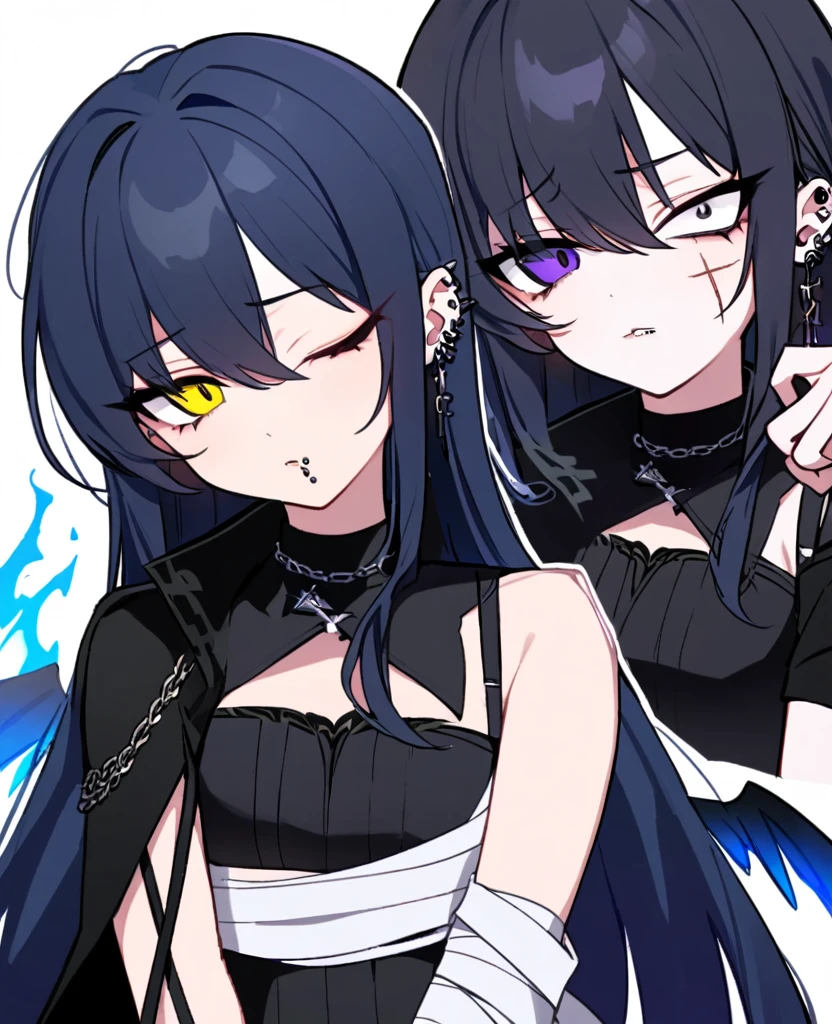 Make me a fallen angel girl. Black wings and black halo. Left eye is purple with slit pupil, and right eye is yellow with a cross pupil. She's missing her left arm, which is wrapped in a bandage. Short, spiky dark blue hair that is teal underneath, the left side being longer and draping over her shoulder. Bridge nose piercing, a lip piercing under her bottom lip, on the left. A scar on her right cheek and many ear piercings, including helix. She wears a dark, gothic outfit. Dull and blank expression, surronded by blue flames.