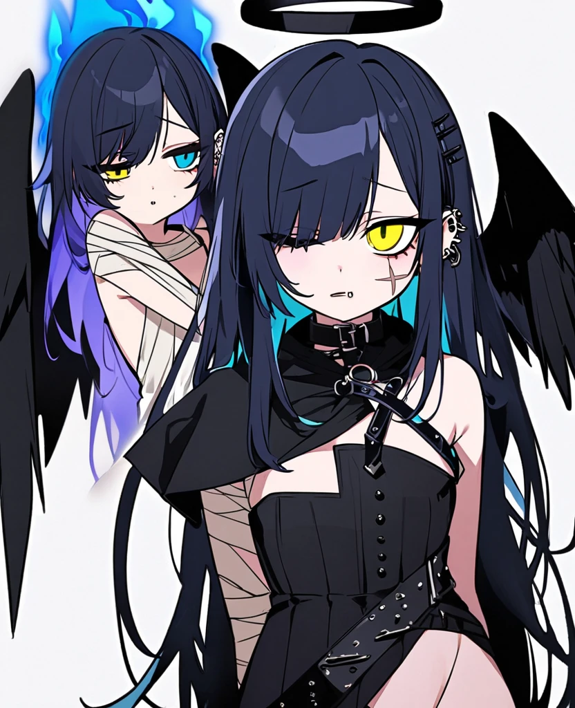 Make me a fallen angel girl. Black wings and black halo. Left eye is purple with slit pupil, and right eye is yellow with a cross pupil. She's missing her left arm, which is wrapped in a bandage. Short, spiky dark blue hair that is teal underneath, the left side being longer and draping over her shoulder. Bridge nose piercing, a lip piercing under her bottom lip, on the left. A scar on her right cheek and many ear piercings, including helix. She wears a dark, gothic outfit. Dull and blank expression, surronded by blue flames.