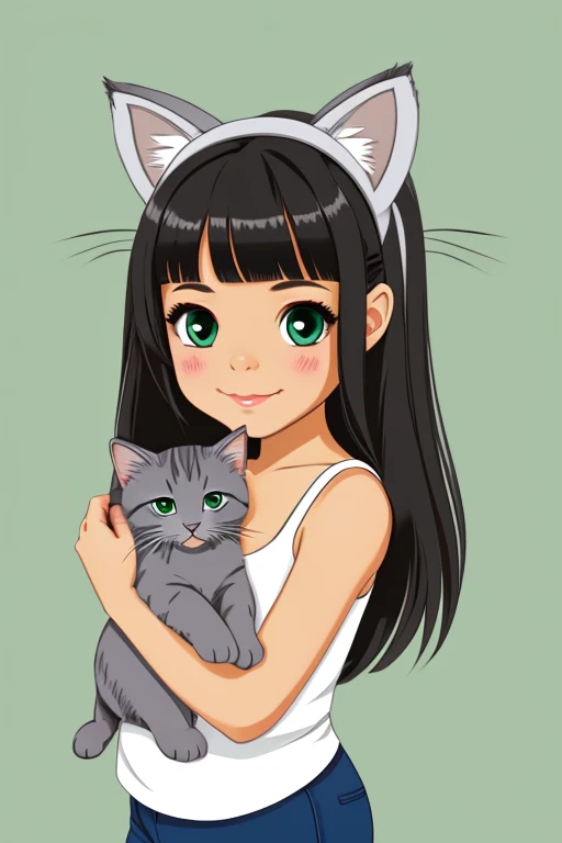 clipart of small girl with dark hair, light skin, and kitty ears carrying an all-gray-haired, green-eyed sweet kitty