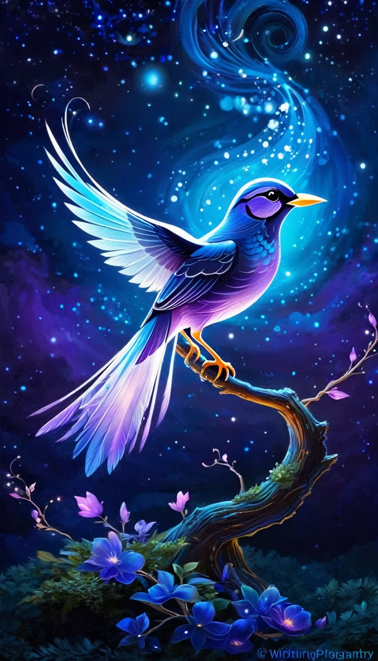 Create an ethereal, glowing bird with luminescent feathers in shades of blue, purple, and white, perched on a delicate, swirling branch. The bird should have an otherworldly glow, with light emanating from its body and wings, giving it a magical, celestial appearance. Surround the bird with a dreamy, cosmic background featuring vibrant colors such as deep blues, purples, and oranges. Incorporate swirling, wispy clouds and light trails that give a sense of motion and fantasy. Add subtle sparkles and glowing orbs to enhance the mystical atmosphere. The overall composition should be whimsical, enchanting, and filled with a sense of wonder and tranquility.