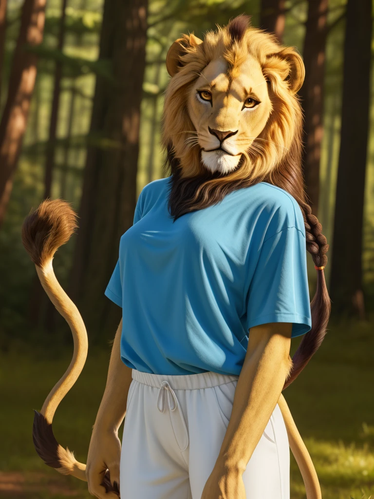 Posing, Female, 25 years old, cute, eyeliner, dreadlock hair, biting lip smile, blue shirt, bedroom eyes, anthro, lion ears, (white fur:1.5), baggy shirt, lion, forest background, 8k, hi res, (best quality, masterpiece), red eyes, (lion tail:1.5)
