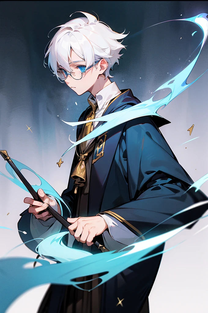 A boy with white hair and blue eyes who has magic from Hogwarts School of Magic. Stays in the Hufflepuff house and wears glasses.