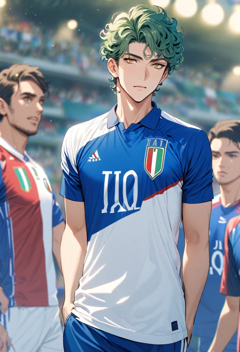 male, solo, handsome, short hair, curly hair, green hair, yellow eyes, soccer shirt, blue shirt, italy soccer shirt