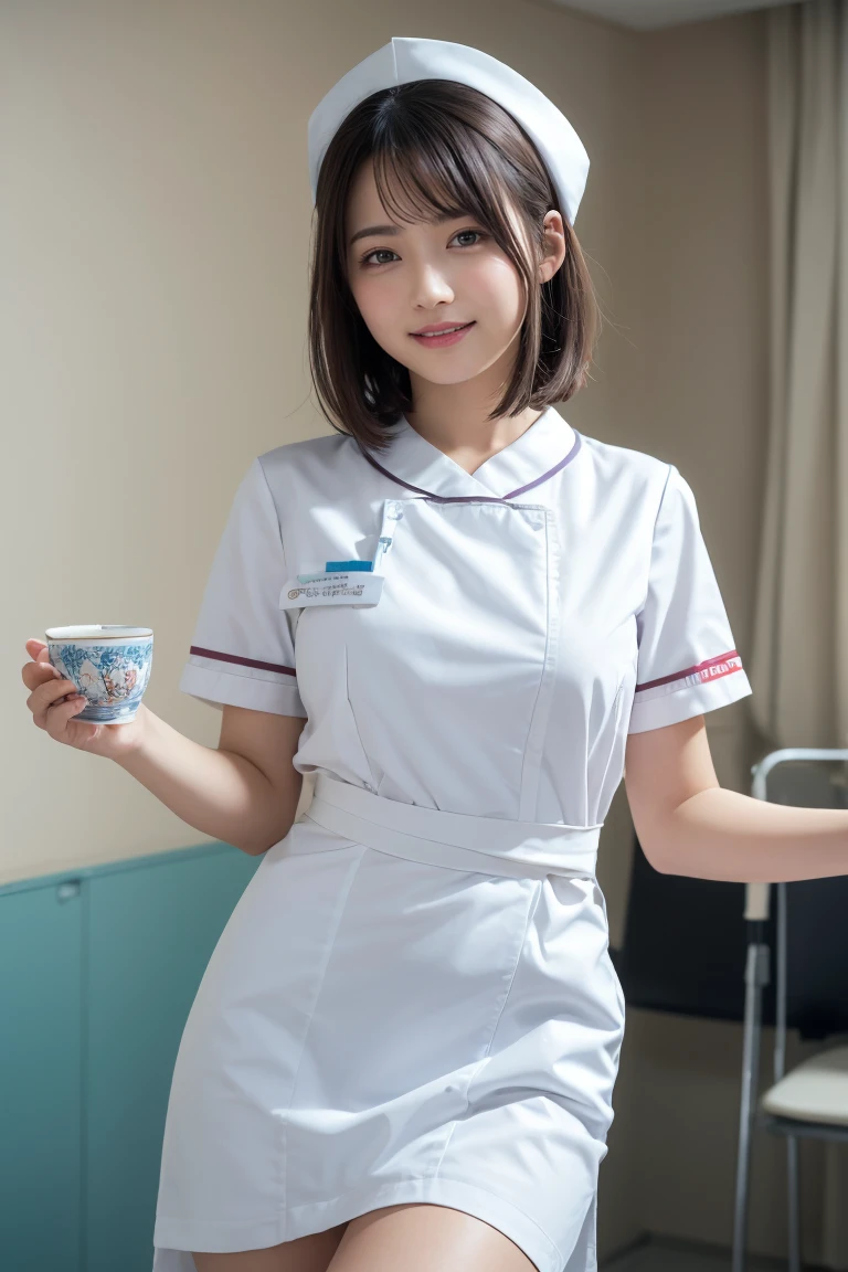1 Girl,(Wearing white nurse clothes:1.2),(RAW Photos, Highest quality), (Realistic, photo-Realistic:1.4), masterpiece, Very delicate and beautiful, Very detailed, 2k wallpaper, wonderful, finely, Very detailed CG unity 8k wallpaper, Very detailedな, High resolution, Soft Light, Beautiful detailed girl, Very detailed eyes and face, Beautiful and detailed nose, finely beautiful eyes, nurse, Perfect Anatomy, Black Hair, Upstyle, nurse uniform, Long skirt, nurse, White costume, thin, hospital, clear, White Uniform, hospital room, Neck auscultation,Bobcut、Flip up the skirt、20th Generation、smile、Hands are shaped like they are holding a cup