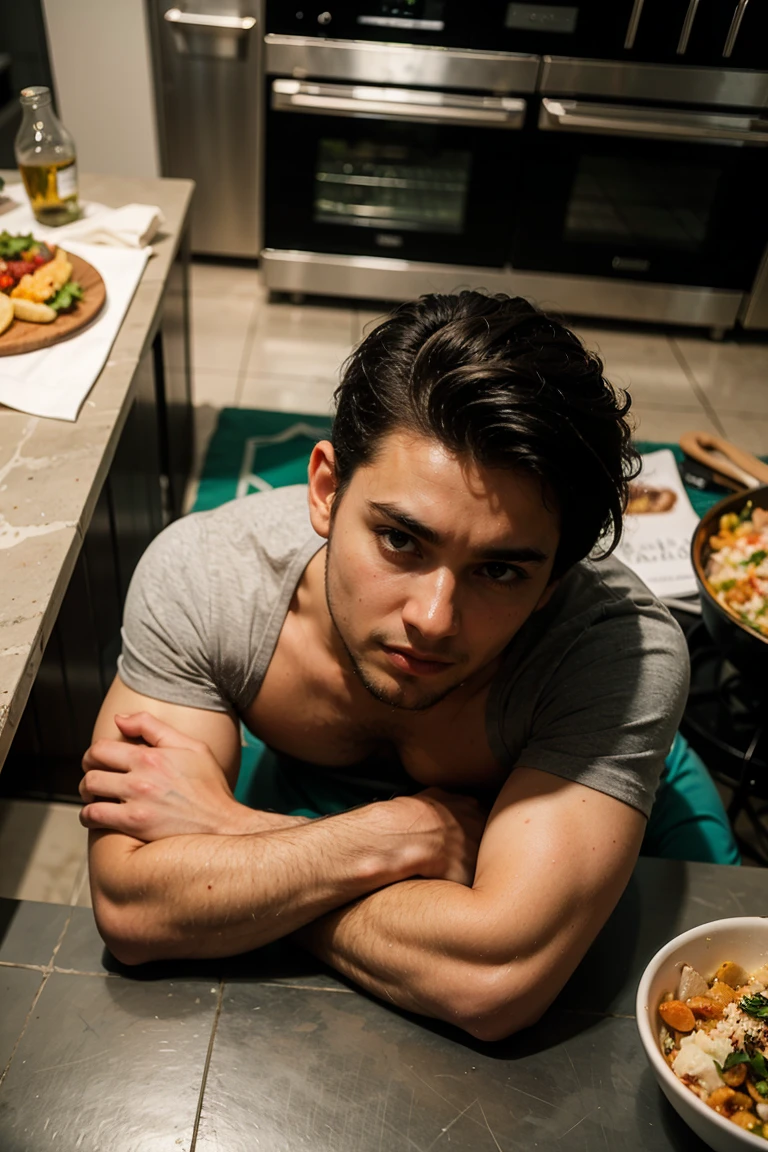 Real image of a latin model man with short black hair athletic body, short beard, lying on a table full of food in a kitchen. angle from above.